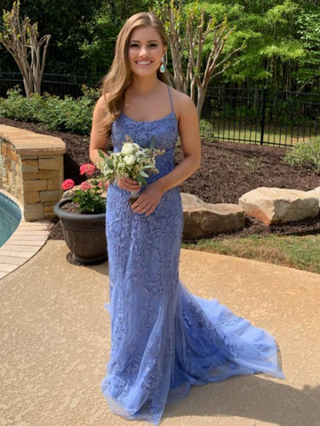 Mermaid Blue Lace Long Prom Dresses with Train, Blue Lace Formal Dresses, Mermaid Blue Evening Dresses SP2931