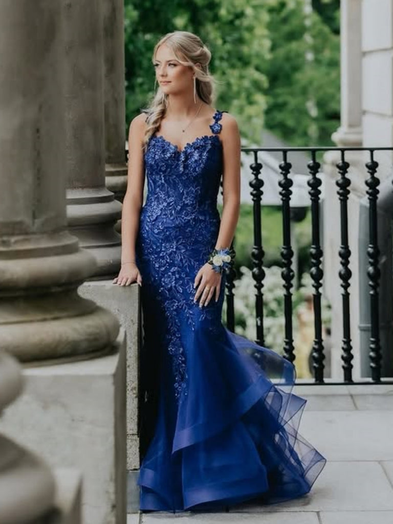 Mermaid Dark Blue Lace Long Prom Dresses, Dark Blue Lace Formal Dresses, Mermaid Blue Evening Dresses SP3375