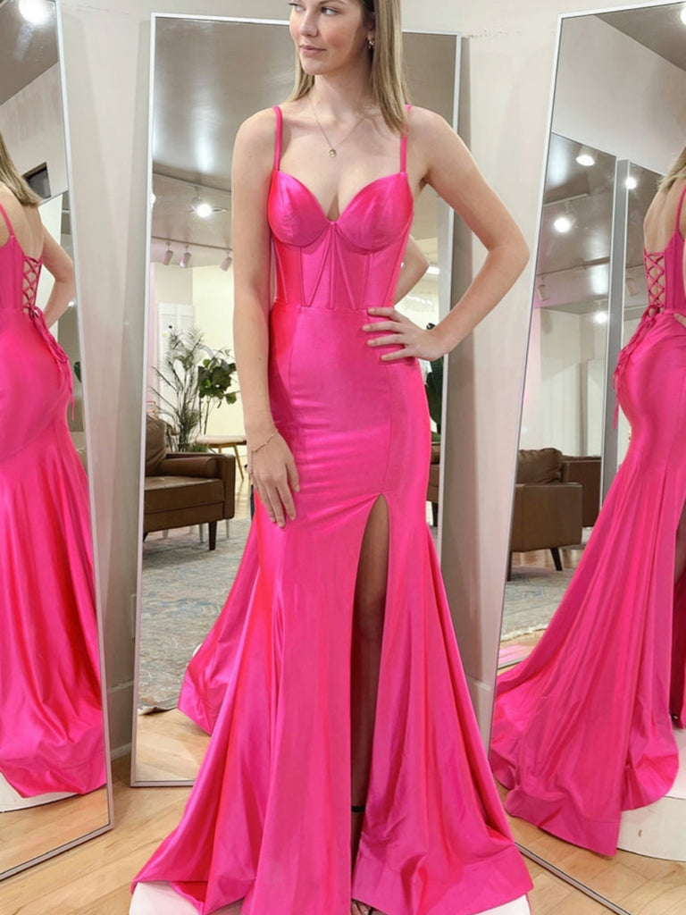 Mermaid Hot Pink Satin Long Prom Dresses with High Slit, Long Hot Pink