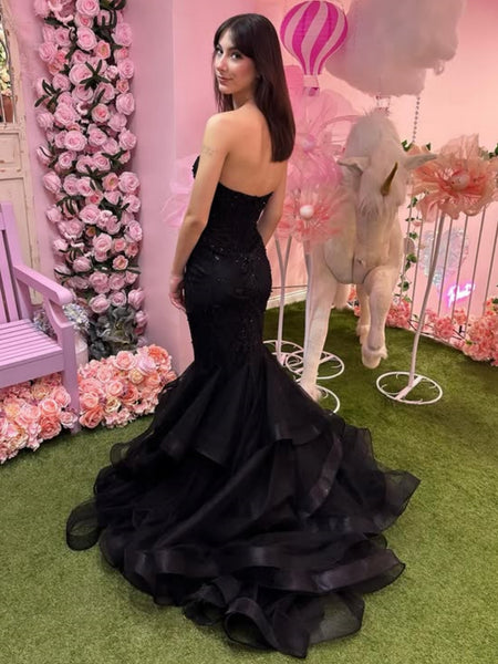 Mermaid Strapless Black Lace Long Prom Dresses, Mermaid Black Formal Dresses, Black Lace Evening Dresses SP3391