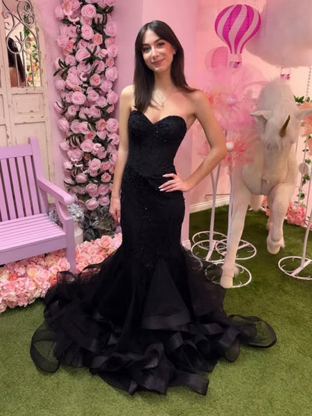 Mermaid Strapless Black Lace Long Prom Dresses, Mermaid Black Formal Dresses, Black Lace Evening Dresses SP3391