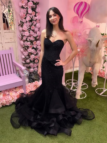 Mermaid Strapless Black Lace Long Prom Dresses, Mermaid Black Formal Dresses, Black Lace Evening Dresses SP3391