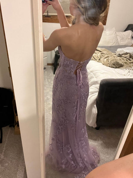 Mermaid Strapless Lilac Lace Long Prom Dresses with High Slit, Mermaid Lilac Formal Dresses, Purple Lace Evening Dresses SP3091