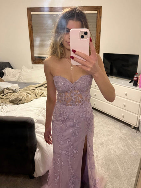 Mermaid Strapless Lilac Lace Long Prom Dresses with High Slit, Mermaid Lilac Formal Dresses, Purple Lace Evening Dresses SP3091