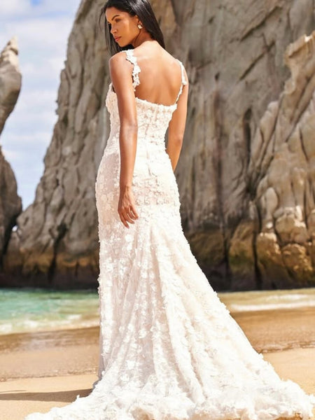 Mermaid White Lace Floral Long Prom Dresses, Mermaid White Formal Dresses, White Lace Evening Dresses SP3388