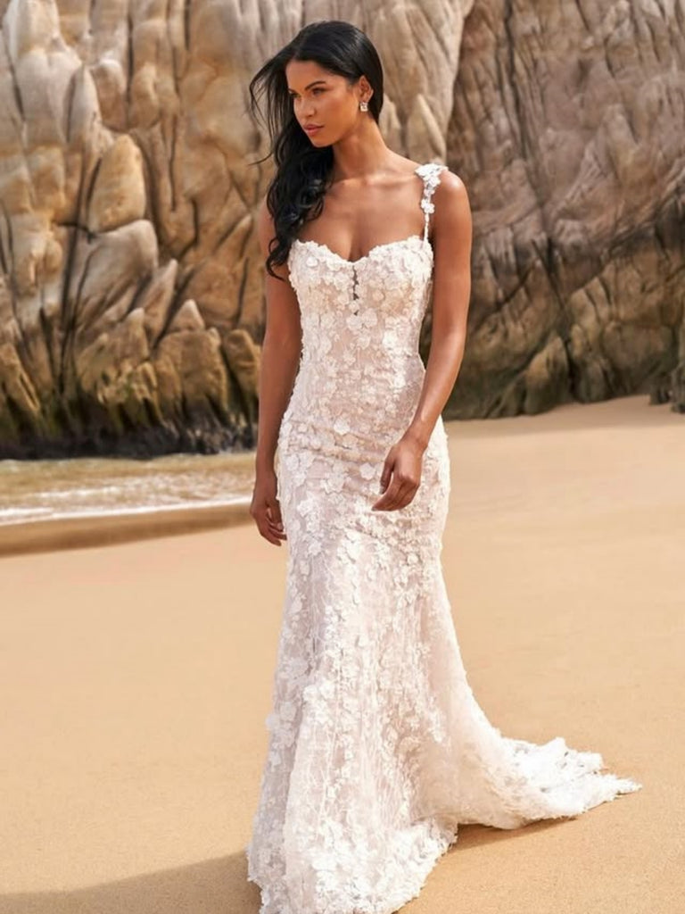 Mermaid White Lace Floral Long Prom Dresses, Mermaid White Formal Dresses, White Lace Evening Dresses SP3388