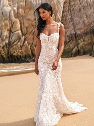 Mermaid White Lace Floral Long Prom Dresses, Mermaid White Formal Dresses, White Lace Evening Dresses SP3388