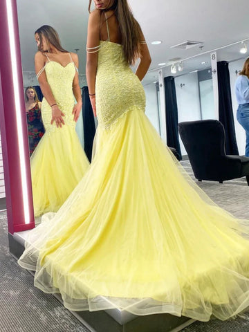 Mermaid Yellow Lace Long Prom Dresses, Mermaid Yellow Formal Dresses, Yellow Lace Evening Dresses SP2865