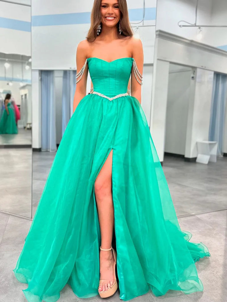 Off Shoulder Beaded Green Long Prom Dresses with High Slit, Off the Sh Shiny Party Off Shoulder Beaded Green Long Prom Dresses with High Slit, Off the Sh Shiny Party