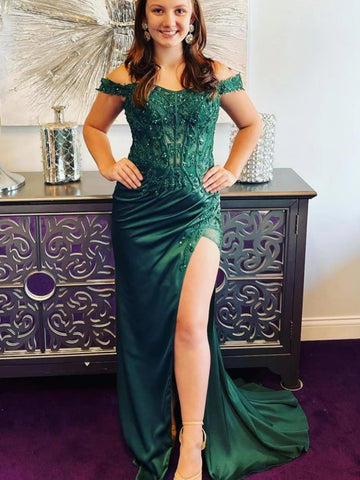 Off Shoulder Beaded Mermaid Green Lace Long Prom Dresses with High Slit, Mermaid Green Formal Dresses, Green Evening Dresses with Train SP2789