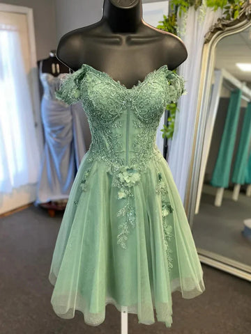 Off Shoulder Beaded Sage Lace Prom Dresses, Sage Lace Homecoming Dresses, Short Sage Formal Evening Dresses SP3003