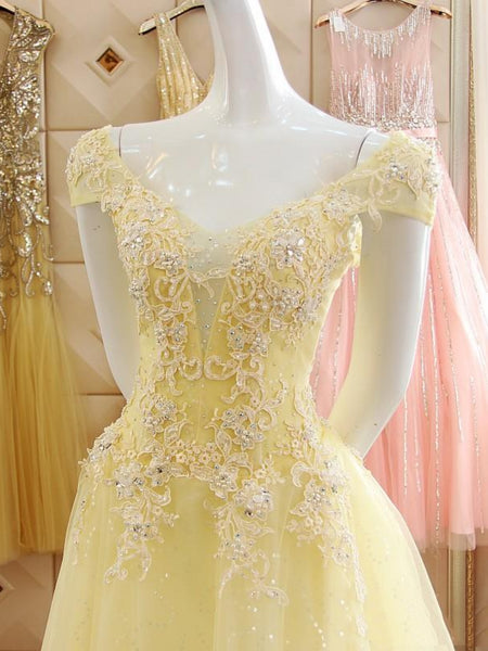 Off Shoulder Beaded Yellow Lace Long Prom Dresses, Yellow Lace Formal Dresses, Yellow Evening Dresses SP2939