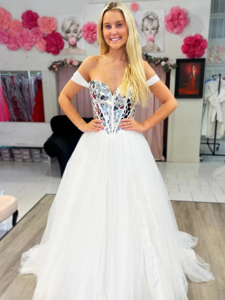 Off Shoulder Big Sequins White Long Prom Dresses, Off the Shoulder White Formal Dresses, White Tulle Evening Dresses SP2804 Off Shoulder Big Sequins White Long Prom Dresses, Off the Shoulder White Formal Dresses, White Tulle Evening Dresses SP2804