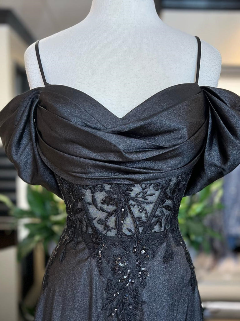 Off Shoulder Black Lace Long Prom Dresses, Black Formal Dresses, Off t