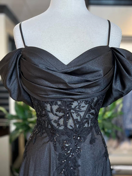 Off Shoulder Black Lace Long Prom Dresses, Black Formal Dresses, Off the Shoulder Evening Dresses SP3055