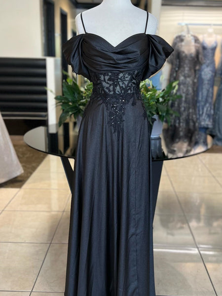 Off Shoulder Black Lace Long Prom Dresses, Black Formal Dresses, Off t
