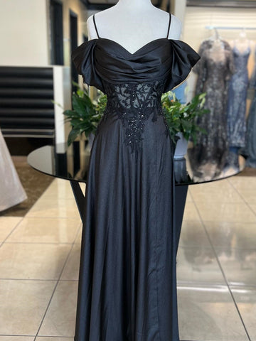 Off Shoulder Black Lace Long Prom Dresses, Black Formal Dresses, Off the Shoulder Evening Dresses SP3055