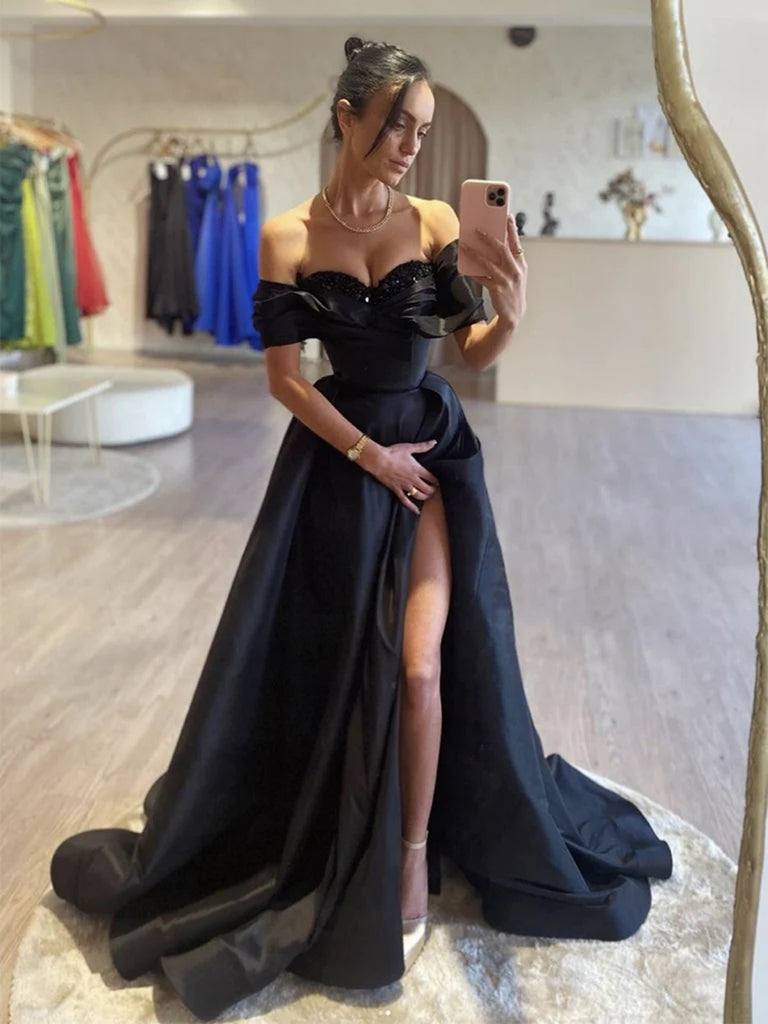 Off Shoulder Black Satin Long Prom Dresses with High Slit, Black Forma Shiny Party Off Shoulder Black Satin Long Prom Dresses with High Slit, Black Forma Shiny Party