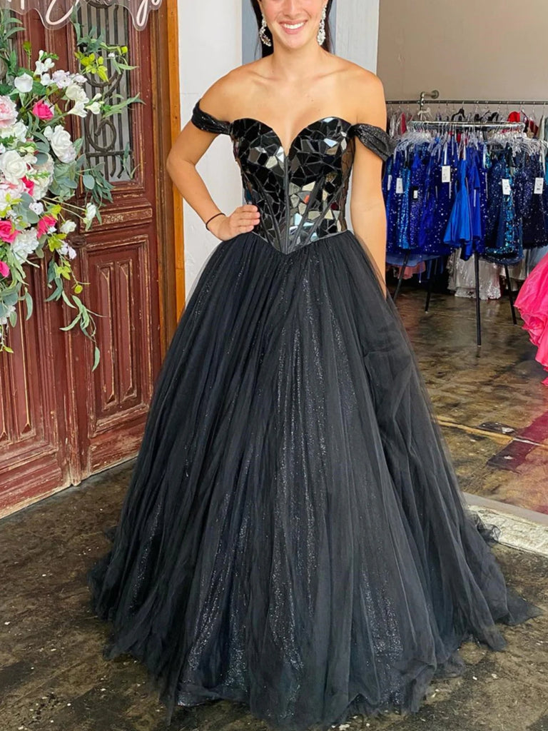 Off Shoulder Black Sequins Long Prom Dresses, Off the Shoulder Formal