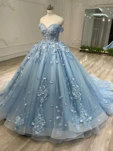Off Shoulder Dusty Blue Lace Floral Long Prom Dresses, Dusty Blue Formal Evening Dresses, Floral Ball Gown SP2898