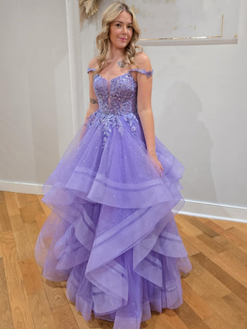 Off Shoulder Fluffy Lilac Lace Long Prom Dresses, Lilac Lace Formal Dresses, Purple Evening Dresses SP3061