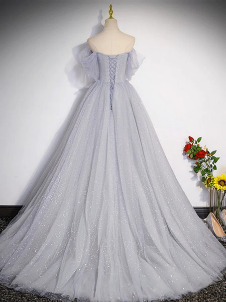Off Shoulder Gray Tulle Long Prom Dresses, Off the Shoulder Formal Dresses, Long Gray Evening Dresses SP2796