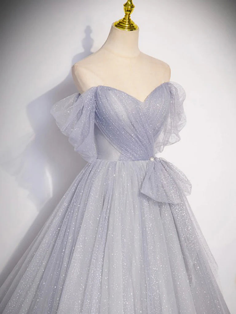 Off Shoulder Gray Tulle Long Prom Dresses, Off the Shoulder Formal Dre Shiny Party Off Shoulder Gray Tulle Long Prom Dresses, Off the Shoulder Formal Dre Shiny Party