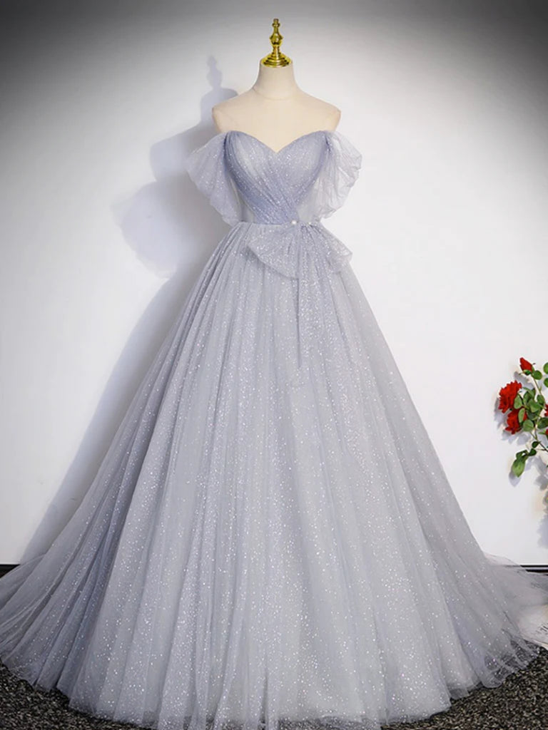 Off Shoulder Gray Tulle Long Prom Dresses, Off the Shoulder Formal Dre Shiny Party Off Shoulder Gray Tulle Long Prom Dresses, Off the Shoulder Formal Dre Shiny Party
