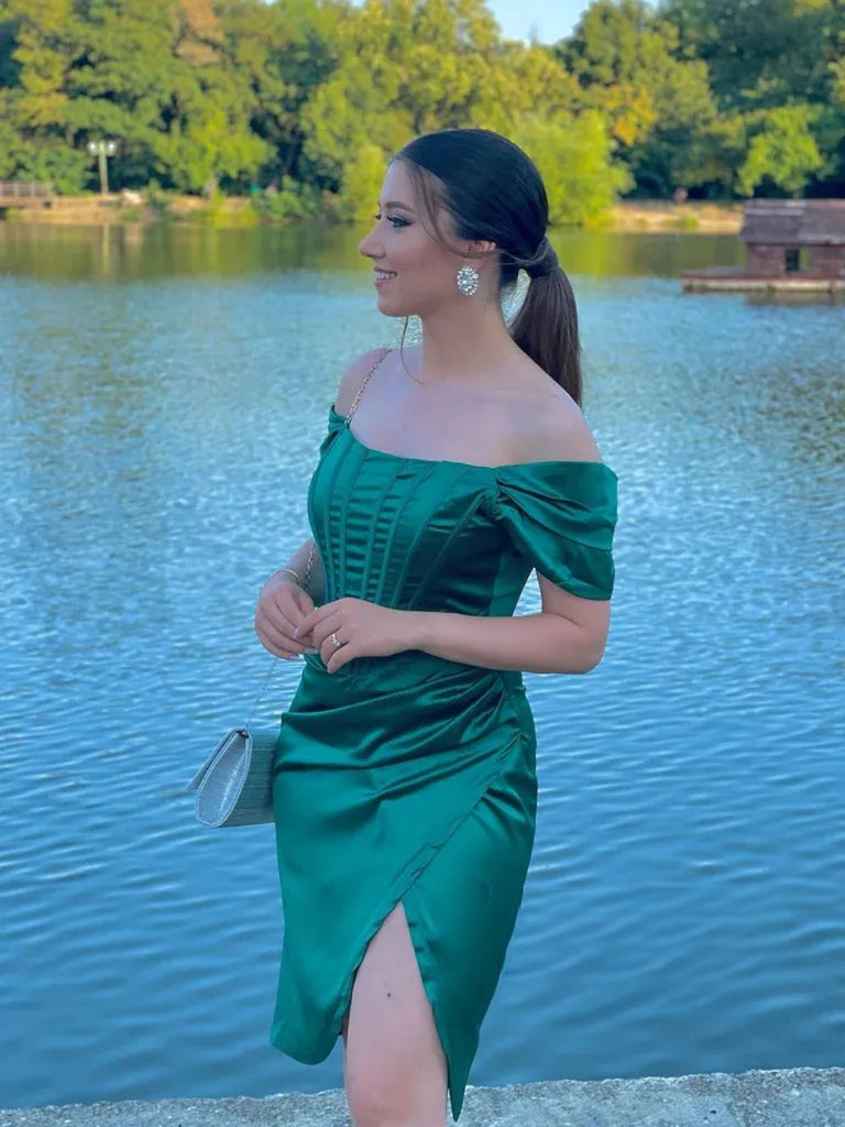 Off Shoulder Green Satin Short Prom Dresses, Mermaid Green Homecoming Shiny Party Off Shoulder Green Satin Short Prom Dresses, Mermaid Green Homecoming Shiny Party