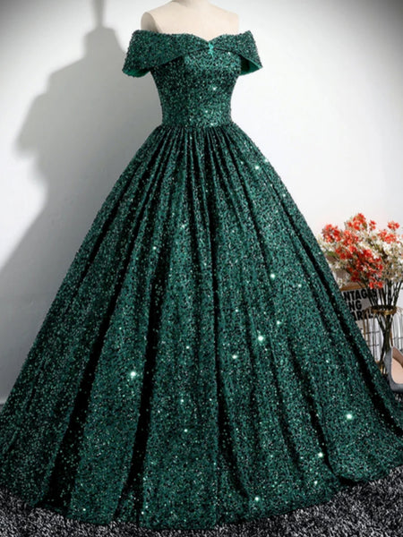 Off Shoulder Green Sequins Long Prom Dresses, Off the Shoulder Formal Dresses, Green Evening Dresses SP2859