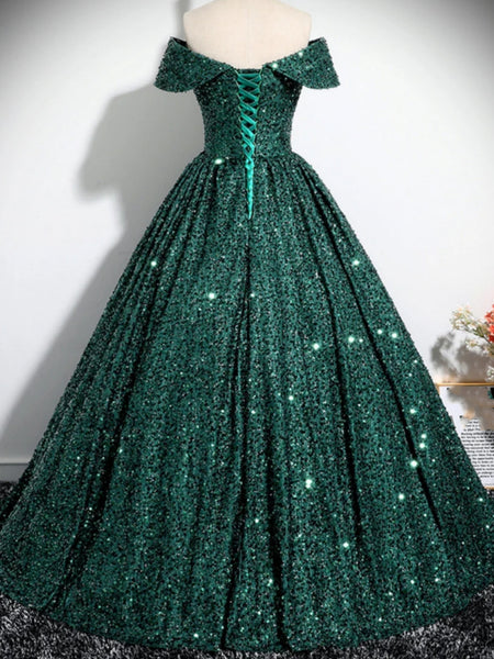 Off Shoulder Green Sequins Long Prom Dresses, Off the Shoulder Formal Dresses, Green Evening Dresses SP2859