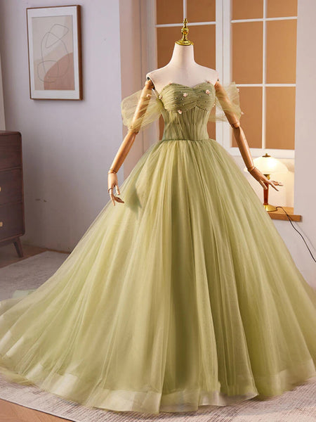Off Shoulder Green Tulle Floral Long Prom Dresses, Off the Shoulder Green Formal Evening Dresses, Green Evening Dresses with 3D Flowers SP2932