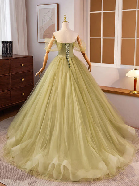 Off Shoulder Green Tulle Floral Long Prom Dresses, Off the Shoulder Green Formal Evening Dresses, Green Evening Dresses with 3D Flowers SP2932