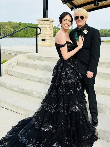 Off Shoulder Layered Black Lace Long Prom Dresses with High Slit, Black Lace Formal Graduation Evening Dresses SP3021