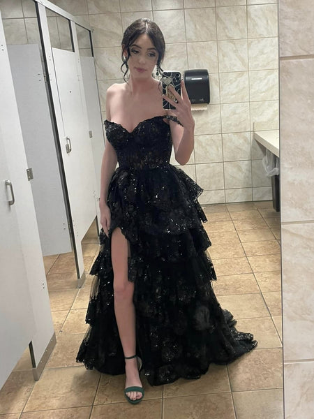 Off Shoulder Layered Black Lace Long Prom Dresses with High Slit, Black Lace Formal Graduation Evening Dresses SP3021