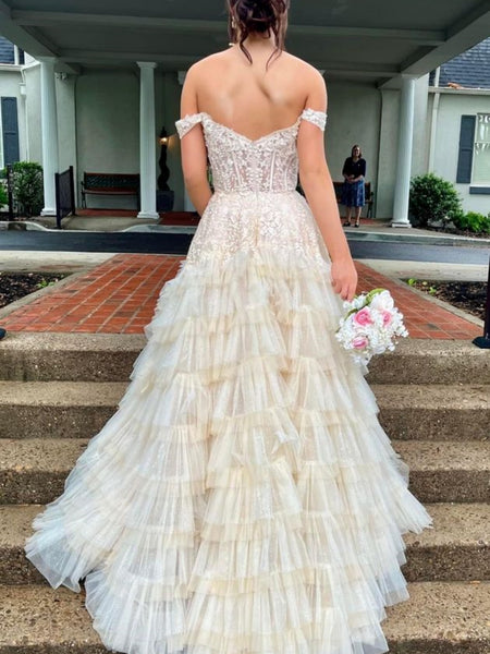 Off Shoulder Layered Champagne Lace Long Prom Dresses with High Slit, Off the Shoulder Champagne Formal Dresses, Champagne Evening Dresses SP3063