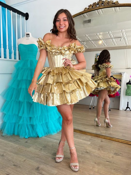 Off Shoulder Layered Golden Satin Short Prom Dresses, Off the Shoulder Gold Homecoming Dresses SP3020