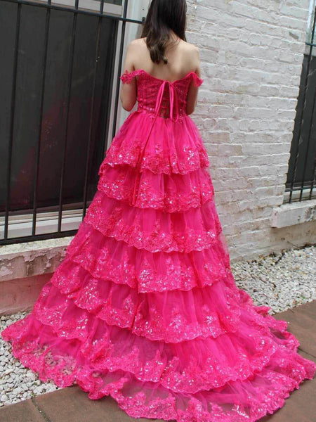 Off Shoulder Layered Hot Pink Lace Long Prom Dresses, Hot Pink Lace Formal Dresses, Hot Pink Evening Dresses SP3085