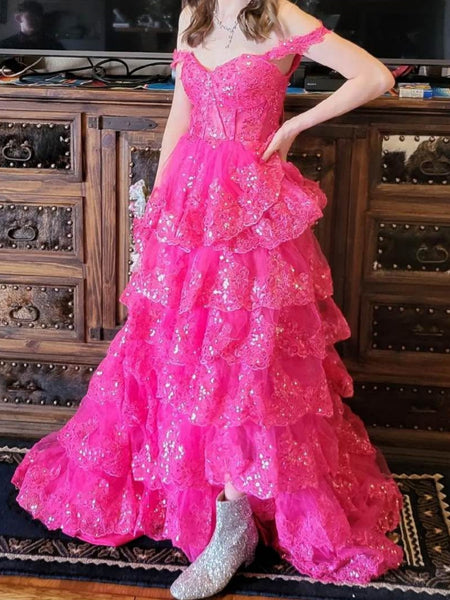 Off Shoulder Layered Hot Pink Lace Long Prom Dresses, Hot Pink Lace Formal Dresses, Hot Pink Evening Dresses SP3085