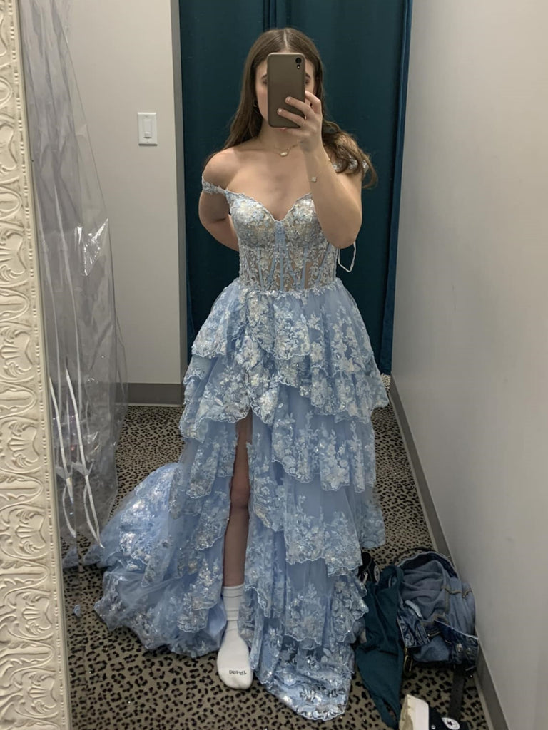 Off Shoulder Layered Light Blue Lace Long Prom Dresses with High Slit, Shiny Party Off Shoulder Layered Light Blue Lace Long Prom Dresses with High Slit, Shiny Party