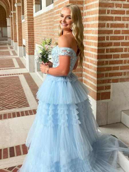 Off Shoulder Layered Light Blue/Sage Lace Long Prom Dresses, Off the Shoulder Formal Dresses, Light Blue/Sage Evening Dresses SP3070