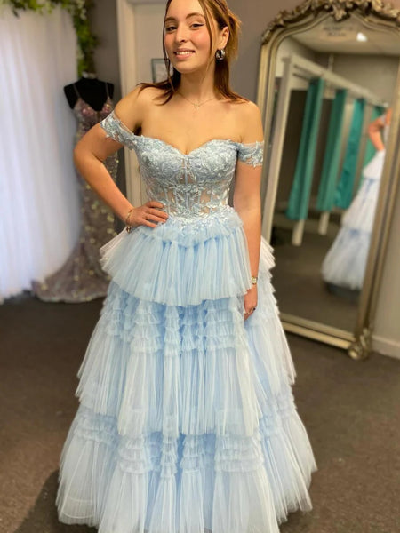 Off Shoulder Layered Light Blue/Sage Lace Long Prom Dresses, Off the Shoulder Formal Dresses, Light Blue/Sage Evening Dresses SP3070