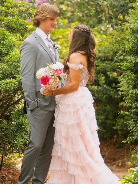 Off Shoulder Layered Pink Lace Long Prom Dresses, Pink Lace Formal Dresses, Long Pink Evening Dresses SP3041