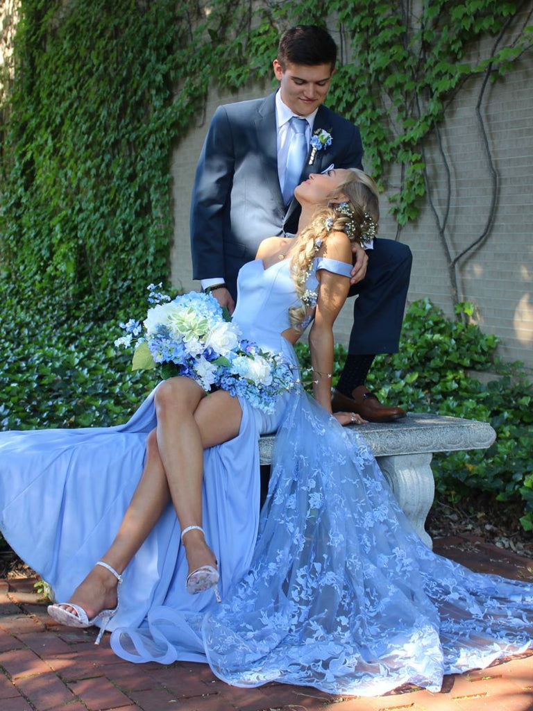 Off Shoulder Light Blue Lace Long Prom Dresses with High Slit, Light Blue Lace Formal Evening Dresses with Train SP3044 Off Shoulder Light Blue Lace Long Prom Dresses with High Slit, Light Blue Lace Formal Evening Dresses with Train SP3044