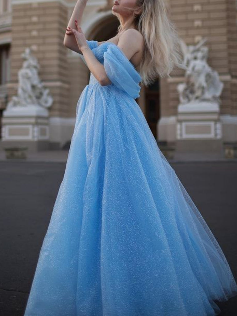 Off Shoulder Light Blue Tulle Long Prom Dresses with High Slit, Light Shiny Party Off Shoulder Light Blue Tulle Long Prom Dresses with High Slit, Light Shiny Party