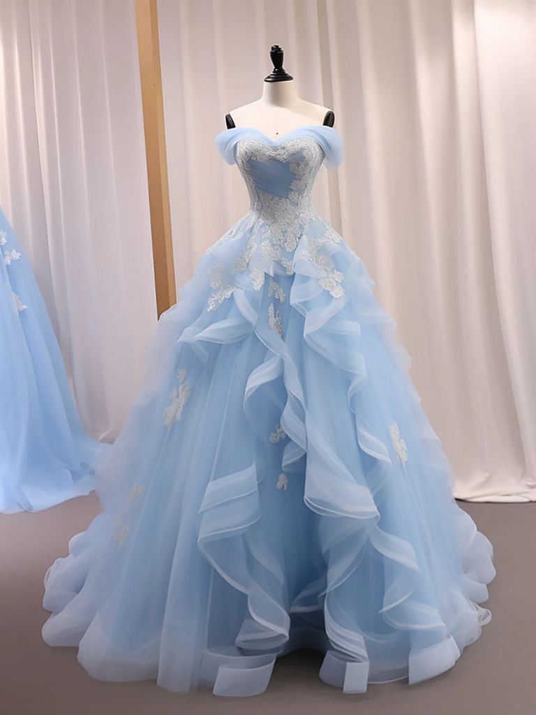 Off Shoulder Light Blue Tulle Long Prom Dresses with Lace Appliques, H Shiny Party Off Shoulder Light Blue Tulle Long Prom Dresses with Lace Appliques, H Shiny Party