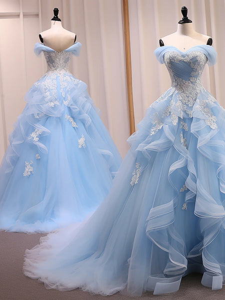 Off Shoulder Light Blue Tulle Long Prom Dresses with Lace Appliques, High Low Light Blue Formal Evening Dresses, Light Blue Ball Gown SP2924