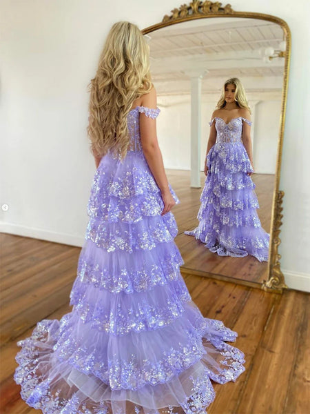 Off Shoulder Lilac Lace Long Prom Dresses with High Slit, Lilac Lace Formal Dresses, Layered Lilac Evening Dresses SP2783