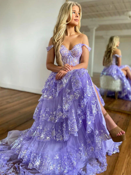 Off Shoulder Lilac Lace Long Prom Dresses with High Slit, Lilac Lace Formal Dresses, Layered Lilac Evening Dresses SP2783