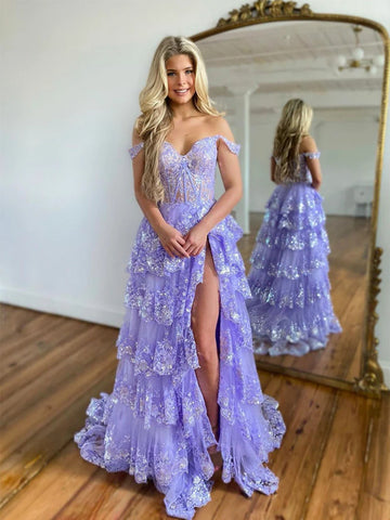 Off Shoulder Lilac Lace Long Prom Dresses with High Slit, Lilac Lace Formal Dresses, Layered Lilac Evening Dresses SP2783